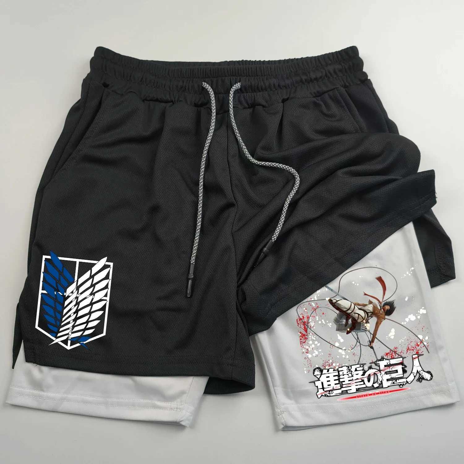 2-in-sports shorts anime Attack on Titan mens shorts quick drying breathable sports fitness shorts outdoor running gym short W250219
