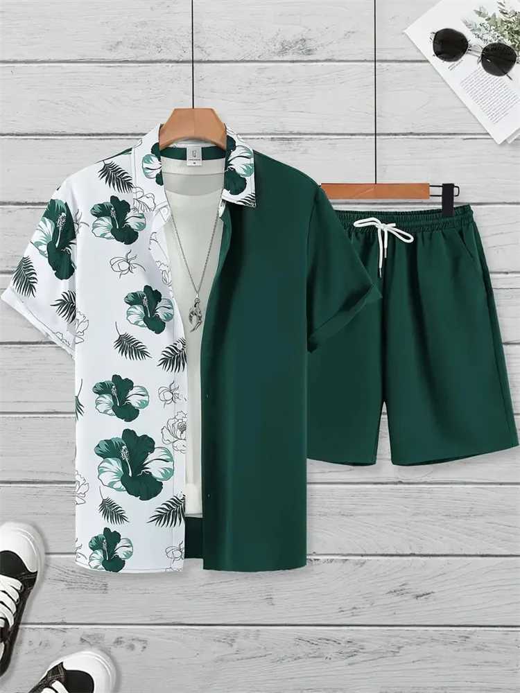 New Fashion Mens Suit Lapel 3D Flower Print Shirt Short Sleeve Casual Beach Shorts Oversized 2-Piece Hawaiian Vacation Men SuitXJ250218