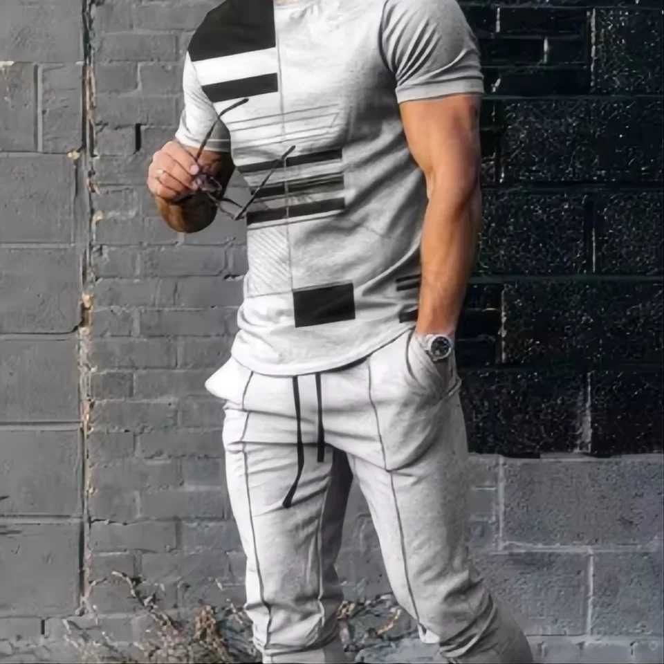 Summer mens T-shirt and pants sportswear abstract gradient 3D printed T-shirt and pants set 2-piece streetwear oversizedXJ250326