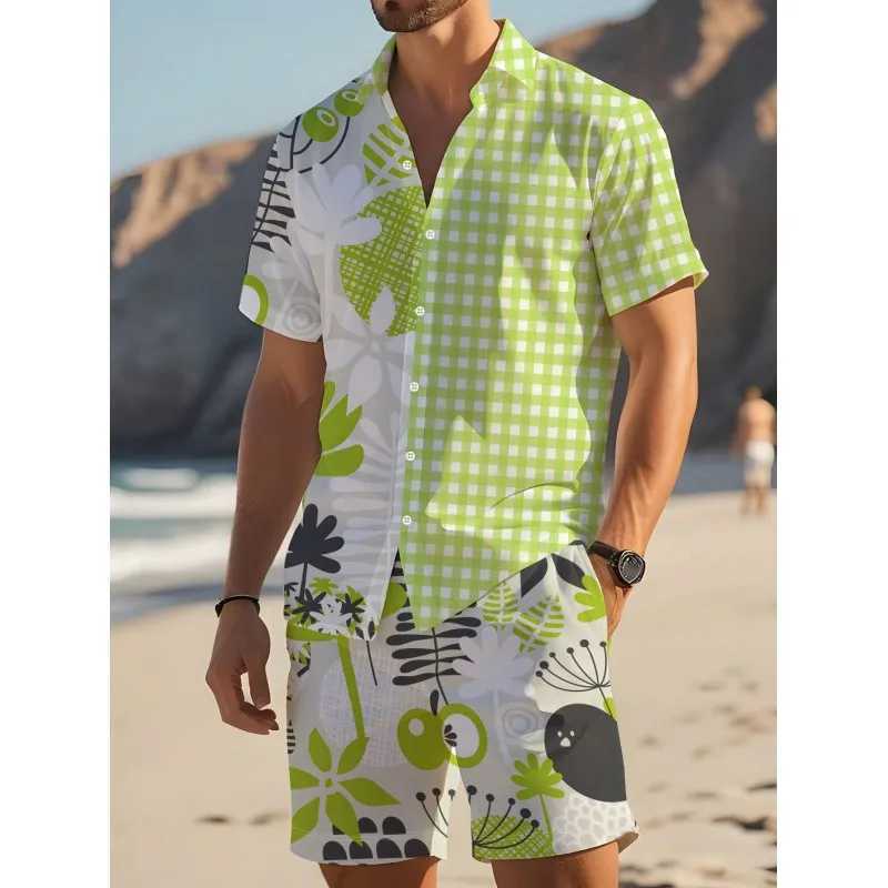 Summer Fashion Suit Mens Stripes 3D Printing Mens Quick-dry Shirt + Loose Drawstring Shorts Mens Vacation Leisure SuitXJ250218