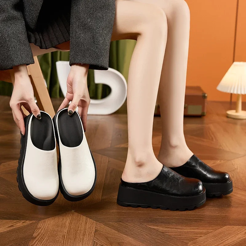 Autuspin 7cm High Heel Mule Womens Shoes Spring/Summer Fashion Thick Bottom Womens Slide Round Insole Womens 250213