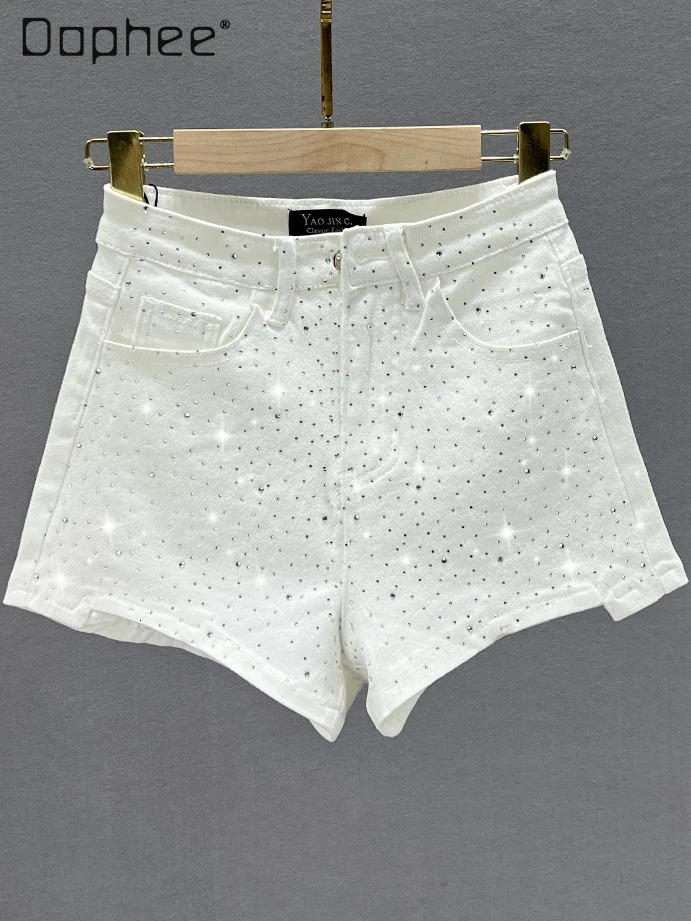 White Rhinestone Denim Shorts for Women Summer Thin Stretch Cotton High Waist Slim Slimming European Pants Jean Shorts 250217