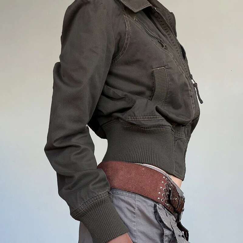 BIIKPIIK Casual Pockets Zipper Jackets Turndown Collar Long Sleeve Women Haruku Coat Vintage Y2K Slim Fit Jacket Autumn Winter