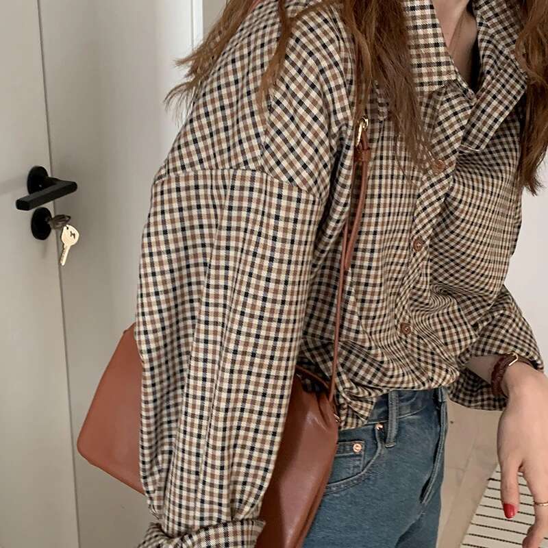 Fashion Women Shirts Retro Coffee Plaid Loose Casual And Versatile Long-Sleeve Spring Autumn Commuting