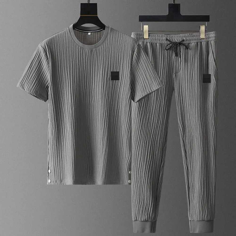 Men Outfit Mens Summer Pleated Tracksuit Set Soft Breathable Shirt Pants Two-piece Casual Sports Suit for Daily Wear High IceXJ250218