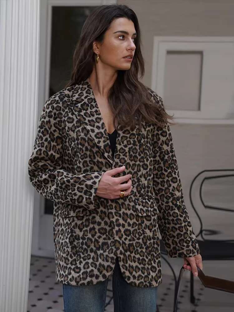 Vintage Leopard Women's Jacket Casual Lapel Single Button Coat Long Sleeve Jackets 2024 Autumn Lady New In Coats Outwears