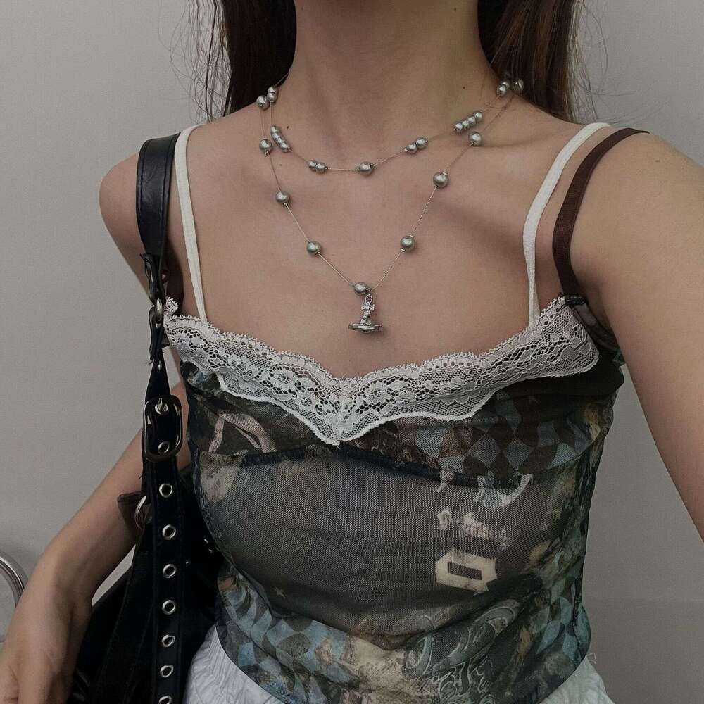 Star stacked pearl for women, light , niche design, high-end feeg, starry sky, double layered collarbone chain, neck chain necklace accessory