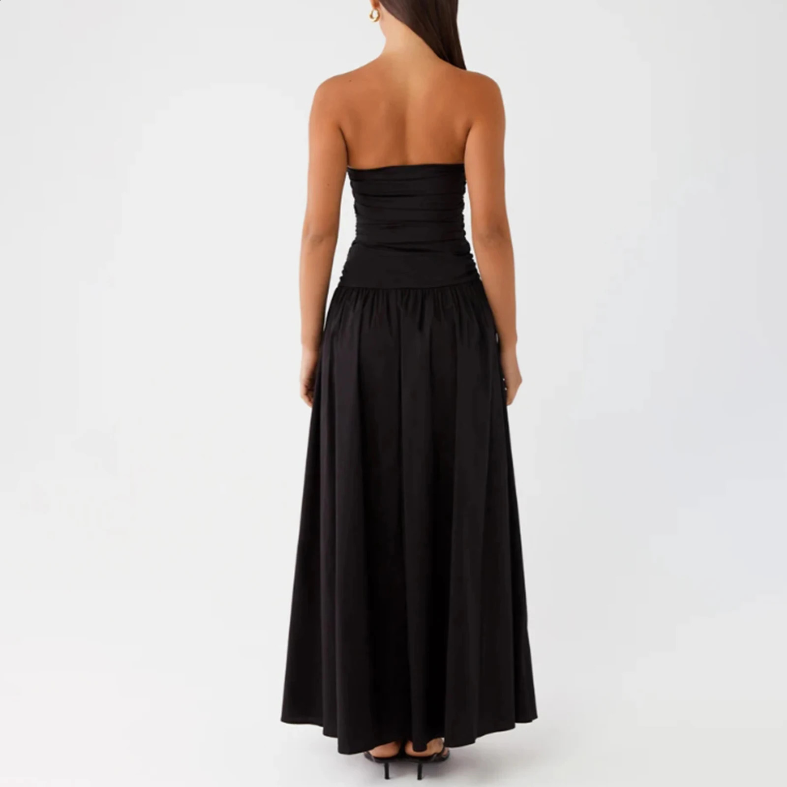 Elegant Strapless Maxi Tube Dress Women Ruched Long Sundress Boat Neck Sleeveless Strapless Flowy Dresses Party Clubwear 250218