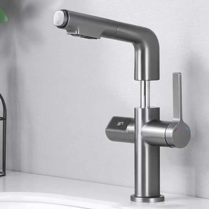 LCD Digital Display Bathroom Basin Faucet Pull out Basin Tap Hot Cold Bathroom Kitchen Faucet Brass Deck Mount Sink Mixer Tap