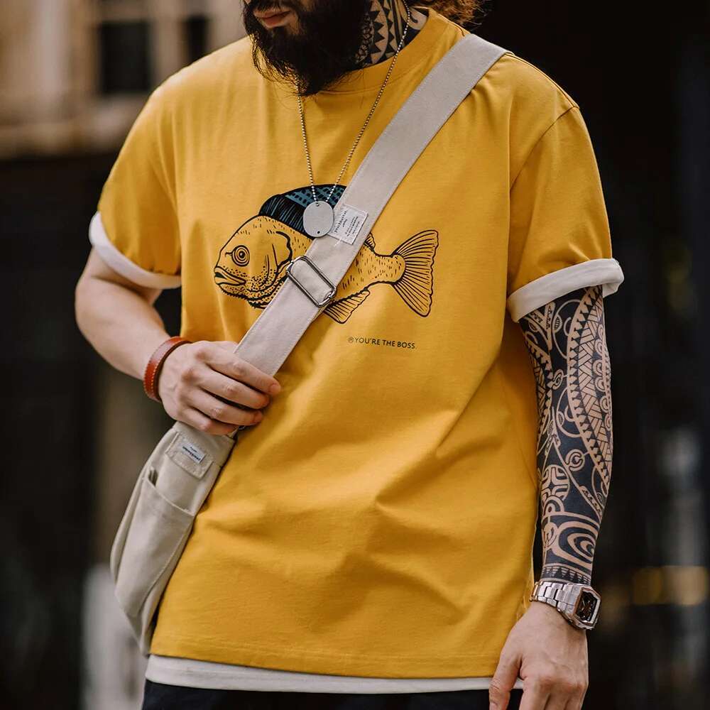 Retro Deep Sea Fish Cked Print T-Shirt Animal Pattern Round Neck Short-Sleeved Tops For Men's Summer Tee