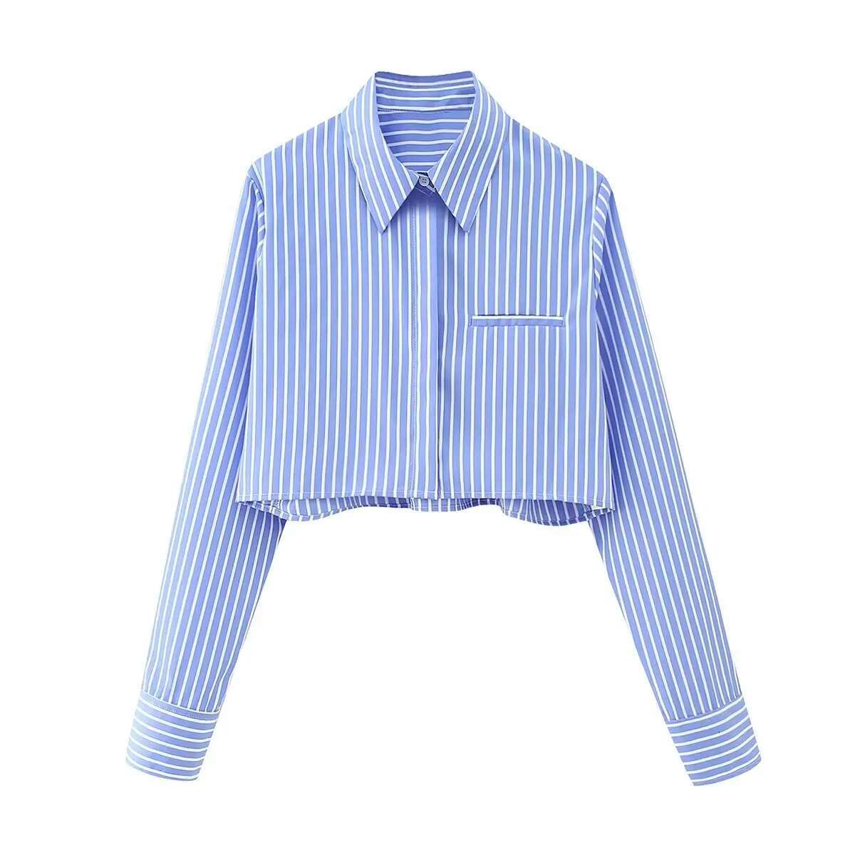 Cropped White Woman Pocket Button Up Shirt Long Sleeve Crop Top Female Spring Collared Shirts And Blouses Women