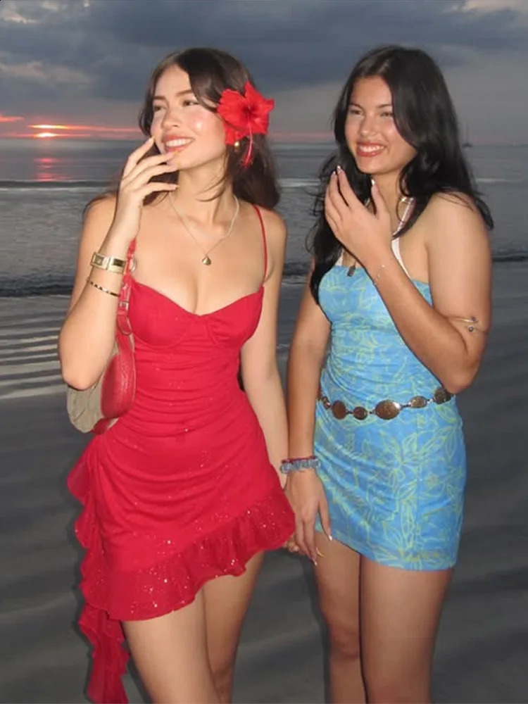 Sexy Sequin Ruffles Sling Mini Dress Women Slim Sleeveless Backless Party Dresses 2025 Spring Summer Shiny Beach Vacation Robe 250218