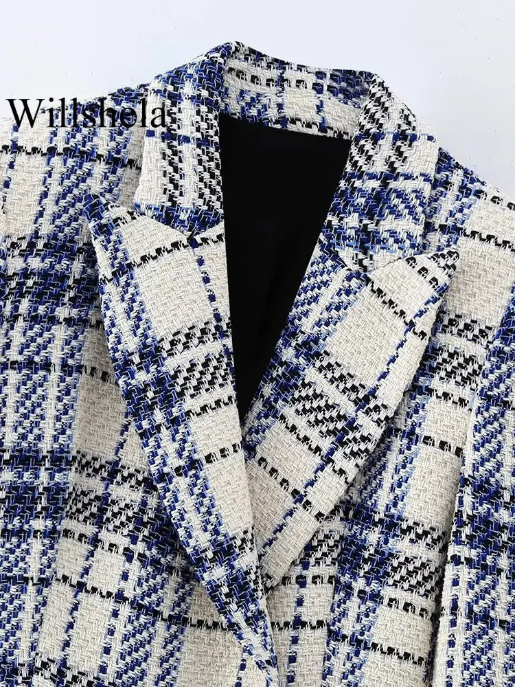 Willshela Women Fashion With Pockets Texture Plaid Double Breasted Blazer Vintage Notched Neck Long Sleeves Female Chic Outfits 250213