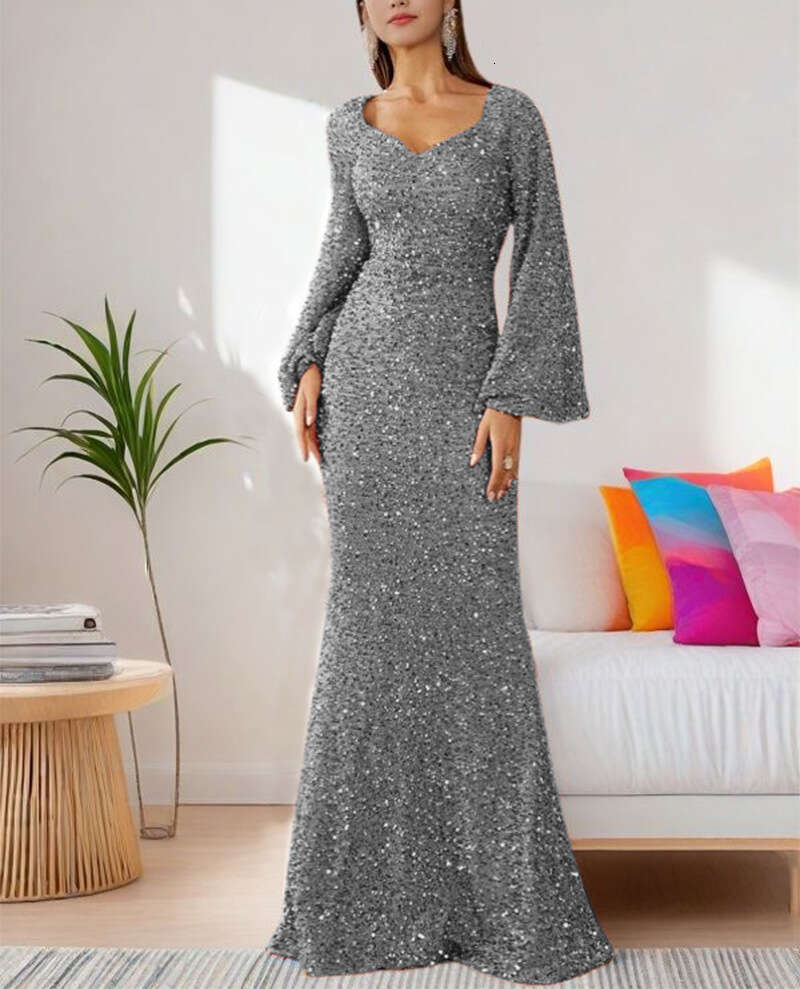 Fashionable V-neck Bag Hip Glitter European and American Mid waist Horn Sleeve Long Evening Dress 2025 Versatile New Trendy Clothing Ins
