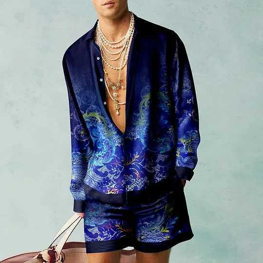 Hawaii Beach Set Mens Casual Outdoor 3D Koi Print Abstract Long Sleeve Shirt 2-piece Set Breathable Wide Beach Shorts SetsXJ250218