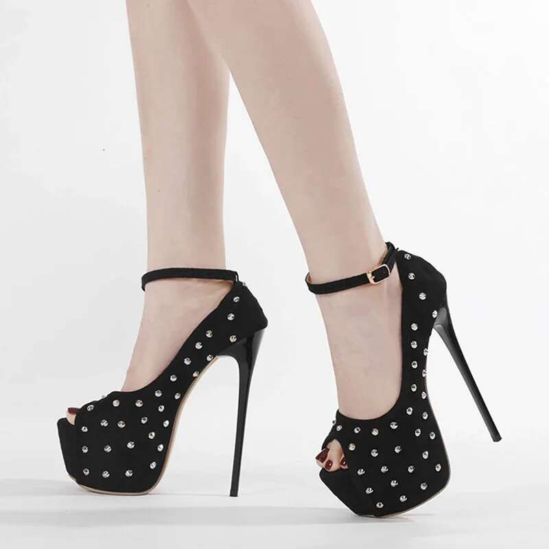Elegant Super Thin High Heels Women Sandals Design Style Rivet Platform Peep Toe Buckle Strap Nightclub Party Shoes