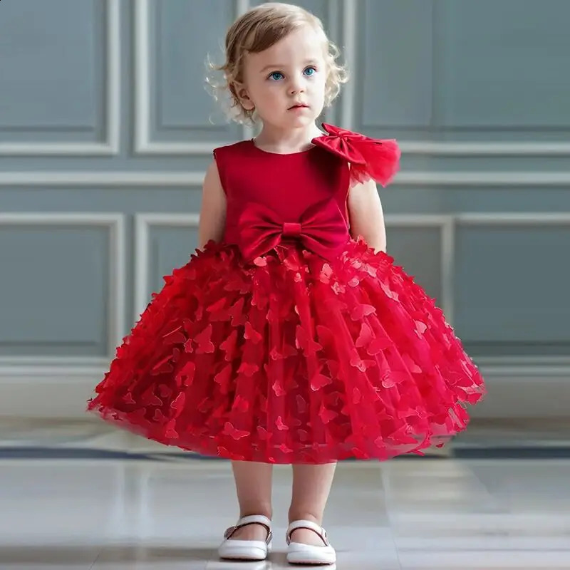 Baby Girls 1st Birthday Baptism Dress Princess Wedding Kids Party Dresses for Girl Lace Christening 3D Butterfly Mesh Gown 250311