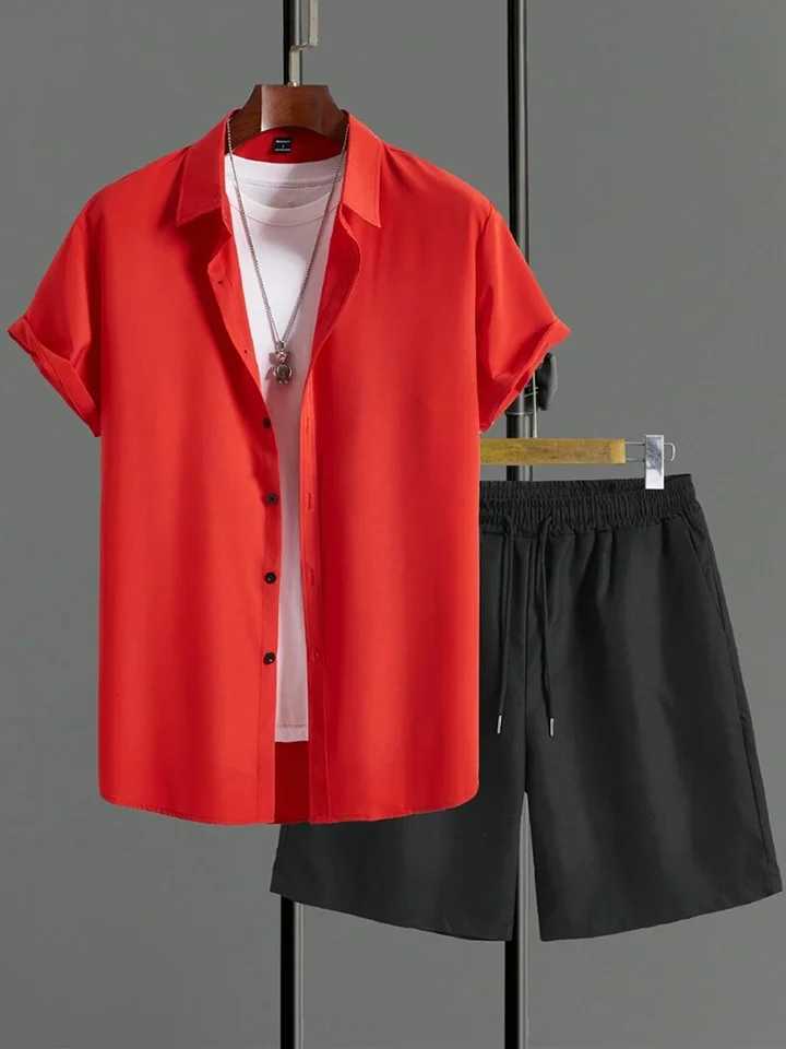 2024 New Solid Color Mens Short-sleeved Shirt And Sports Shorts Set Summer Everyday Mens Casual Shirt Simple Mens Beach PantsXJ250218