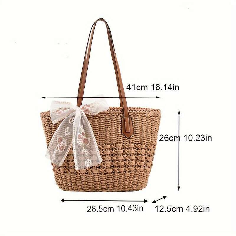 1pc Bohemian Style Handmade Straw Tote Bag for Women, Large Capacity Rattan Weave Basket with Zipper Closure, Beige and Khaki