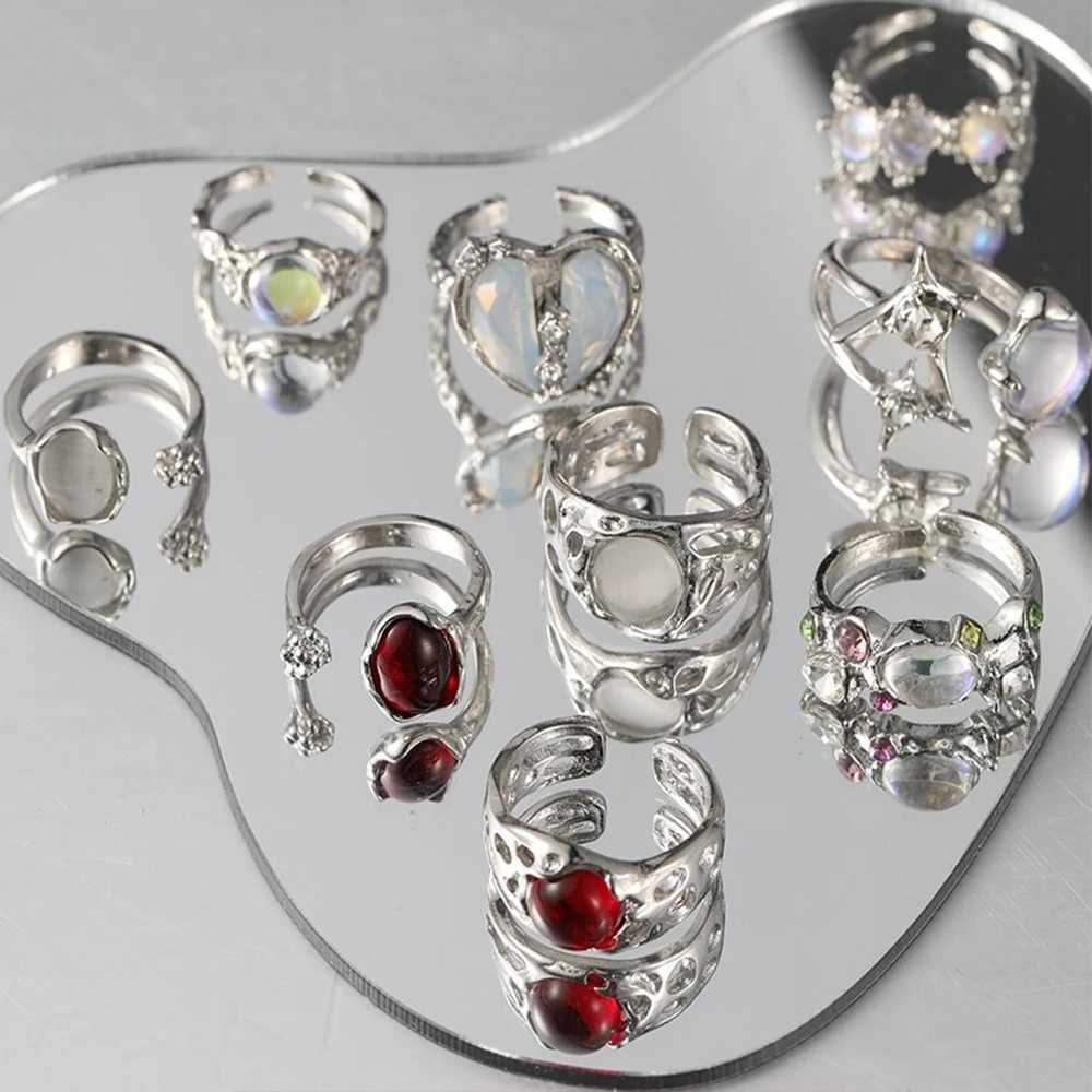 9PCS Set Aesthetic Silver Plated Y2K Irregular Moonstone Gemstone Rings for Women Teens Kpop Dainty Heart Open Ring Gift JewelryXJ250219