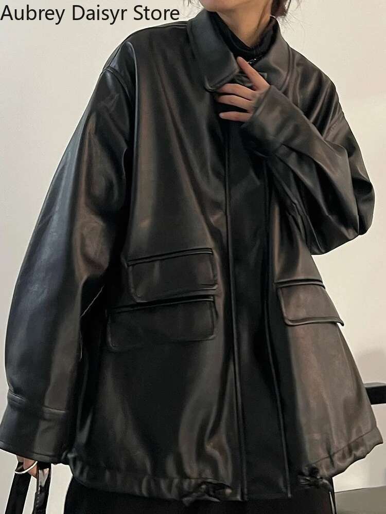 Winter Black Punk Women Streetwear Moto Biker Zipper Coat High Street Casual Vintage Leather Jacket 2023