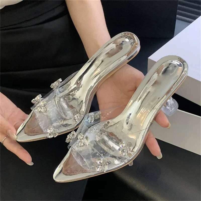 Sexy Crystal Dia PVC Transparent Pointed Toe High Heels Women Slippers Sandals Summer Slide Ladies Shoes