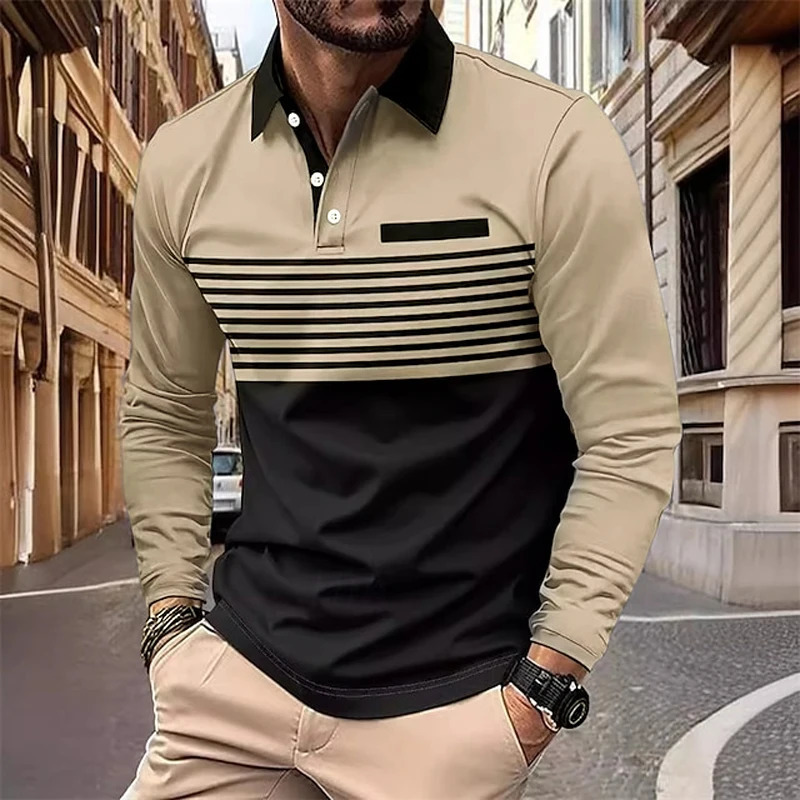 Mens Golf Shirt Polo Work Casual Collar Long Sleeve Basic Modern Stripe Button SpringSummer Regular Suitable for 250219