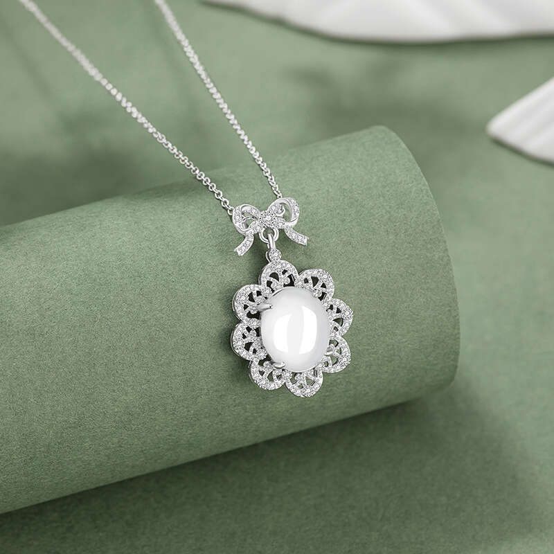 Bowknot Sterg Sier Necklace New Chinese China-Chic Natural Foam Jade Egg Face Collar Chain ins Suower Pendant