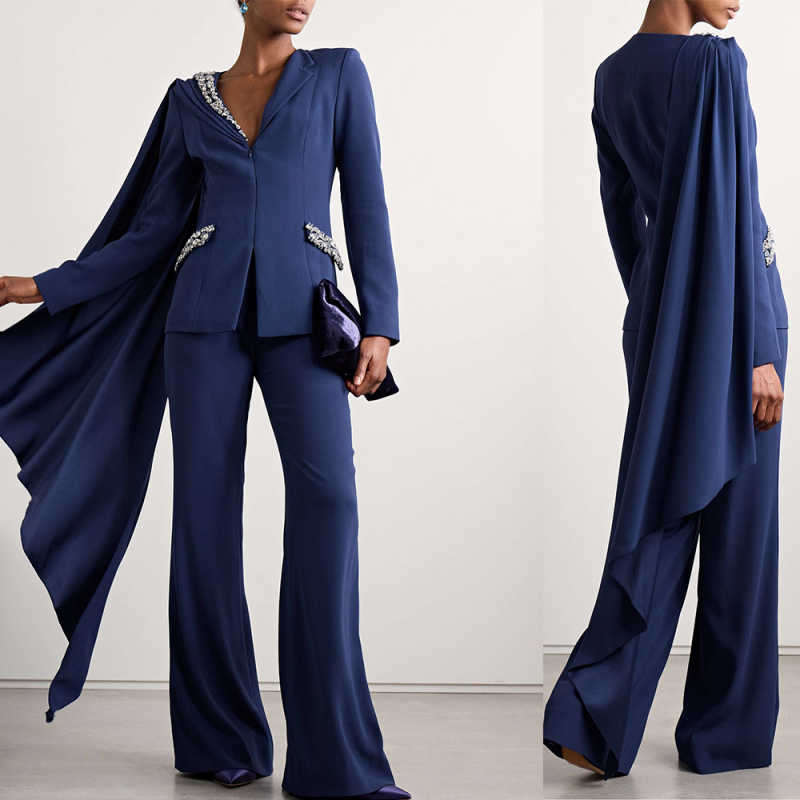 Unique Mother of the Bride Suits With Wrap Crystal Zipper Women Business Blazer Notched Lapel 2 Piece Set Jacket Pants Fashion Work Wear Customized