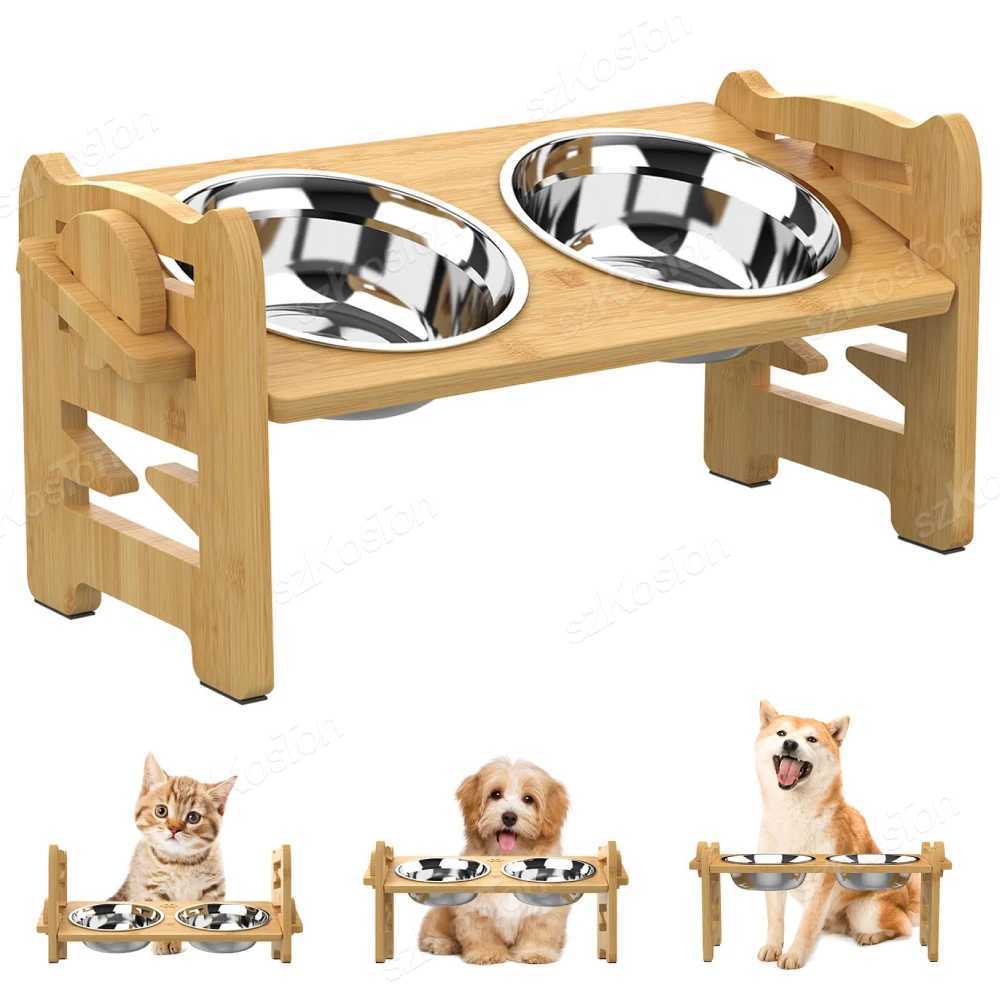 Dog Feeders Elevated Dog Bowls Bamboo Tilted Adjustable Dogs Feeder Stand with Stainless Steel Food Bowls for Puppies Cats Pet Accessories H250218
