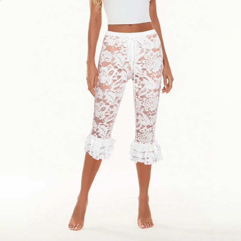 Women Floral Lace Pants Coquette See-Through High Waist Ruffles Hem Trousers Summer Casual Pants Stretch Crop Leggings 250218