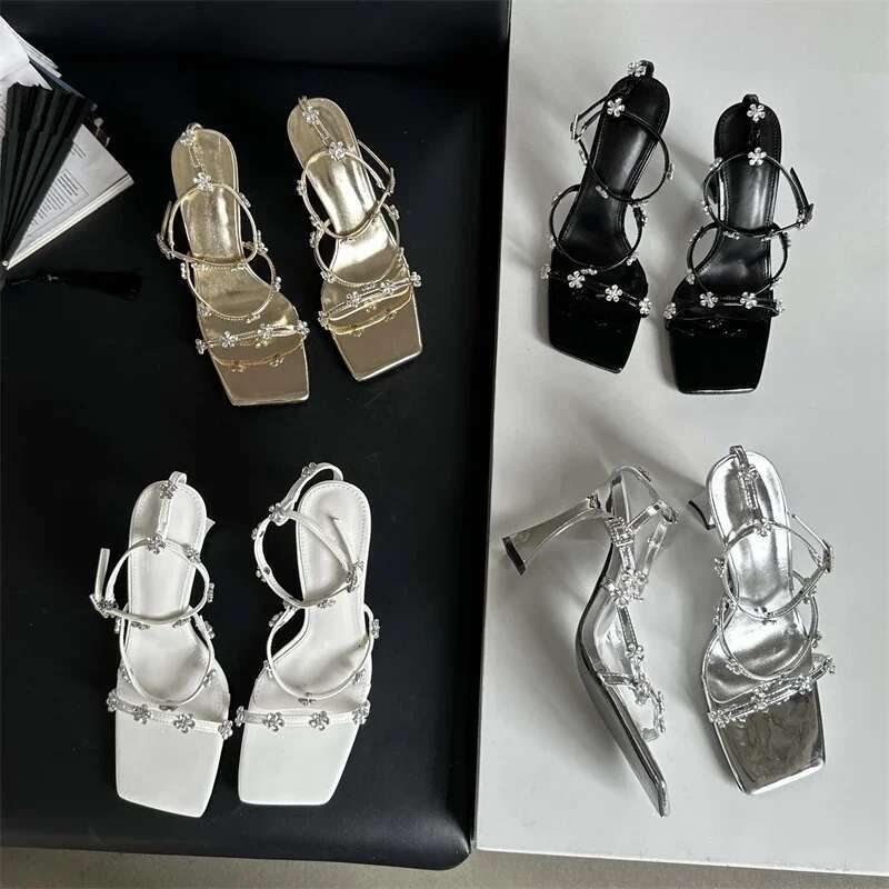 Summer Narrow Band Crystal Buckle Strap Sandals Womens High Heels Shoes Sexy Square Toe Party Dress atos Mujer