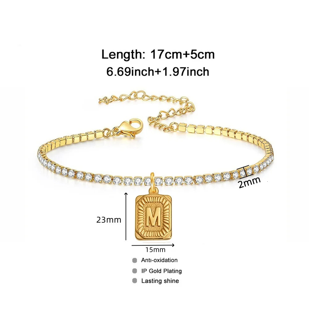 26 Initial Bracelet Women Gold Plated 2MM CZ Tennis Chain AZ Alphabet Charm 316L Stainless Steel Birthday Gifts Jewel 250213