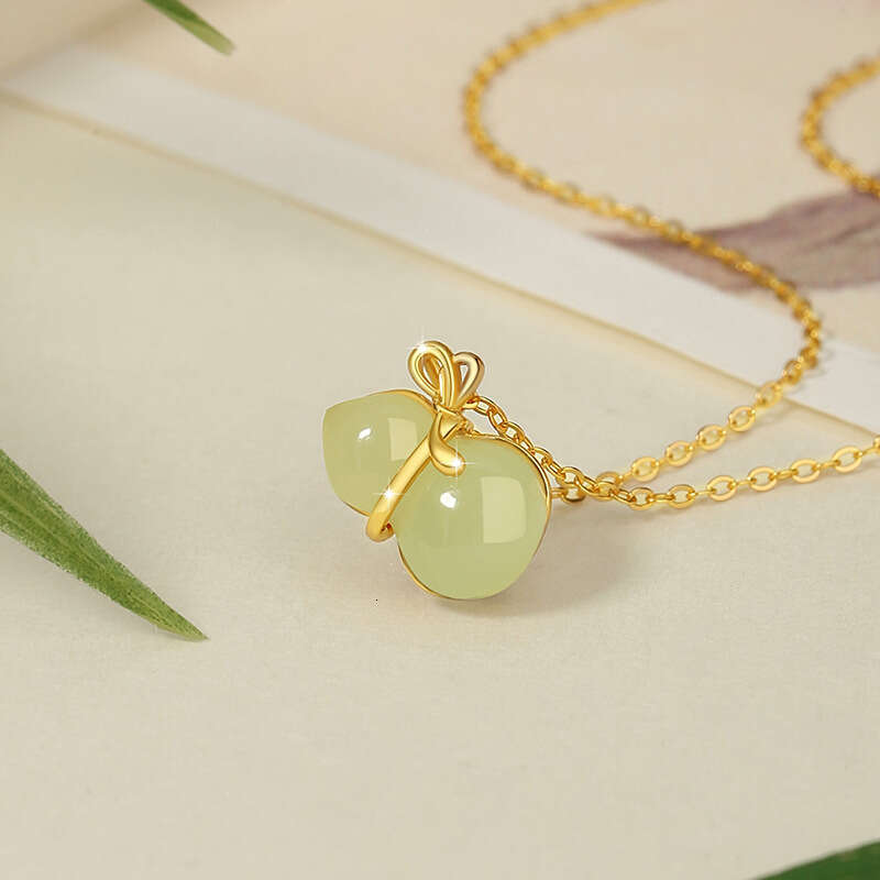 Gourd Sterg Sier Hotan Jade Necklace Female China-Chic New Chinese Love Collar Chain ins Wind Fortune Pendant