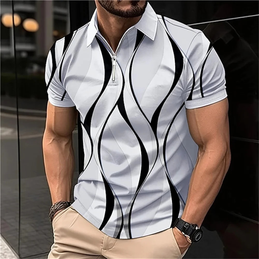 Mens Zipper Collar Polo Shirt Golf Pattern Printed Geometric Lines Folding Short Sleeve Clothing Top Handsome T 250219