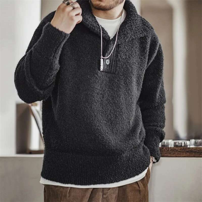 Men Heavyweight Knit Sweater 2024 Autumn Winter Long Sleeve Turn-Down Collar Loop Yarn Polo Shirt Warm Pullover Knitwear