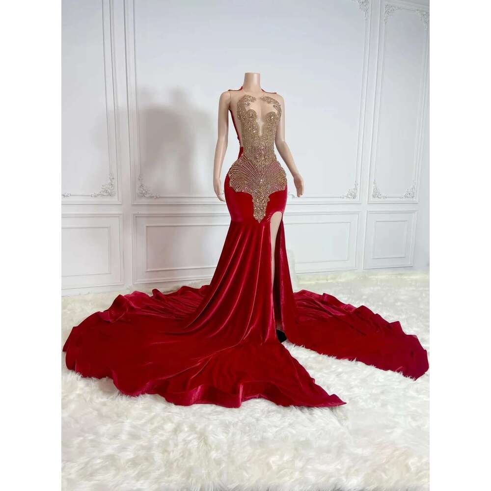 Slit Veet African American Long Prom Dresses For Black Girls Mermaid Sheer Beaded Crystals Women Party Evening Gown Customized