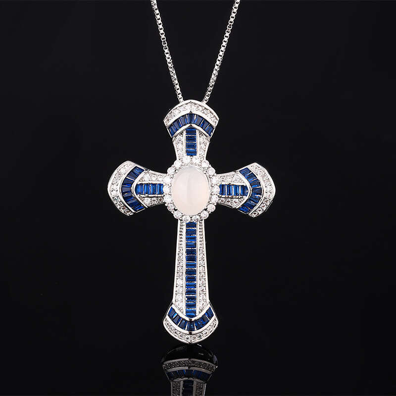 Tiktok Live Broadcast Color Zircon Royal Blue Cross Pendant Micro Set Flash Dia Geometry Necklace