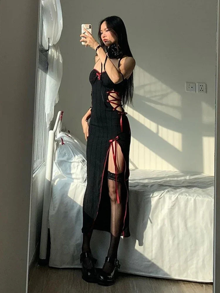 Gothic Dark Midi Dress Women Vintage Fairycore Grunge Punk Y2k sweet Spaghetti Strap Hollow Out Corset Bodycon Dress 250218