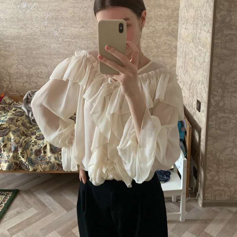 V-Neck Sexy Shirts Women Summer See Through Boho Mesh Blouse Ruffle Flare Sleeve Elegant Peplum Tops Ruffles Ladies Blusas 13459