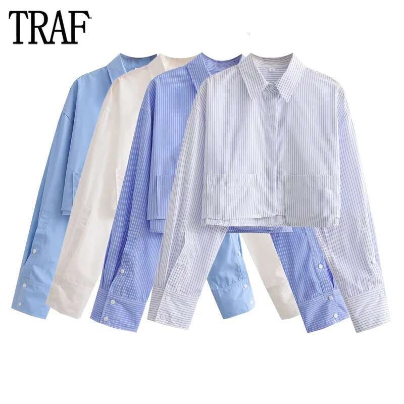 Striped For Summer Crop Top Female Long Sleeve Oversize And Blouses Women Pockets Button Up Shirts