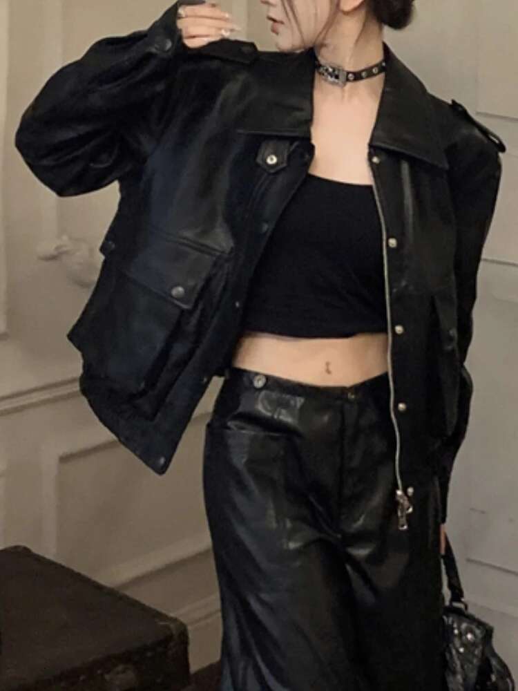 Punk Streetwear Black Women Winter Casual Moto Biker Zipper Leather Jacket Fashion Trench High Street Faux Coat