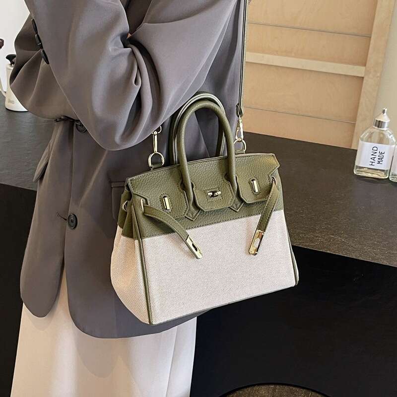 Women Shoulder Crossbody Tote Lychee Pattern Premium quality Handbag Color Contrast Fabric Large Capacity Commuting Classic Bag