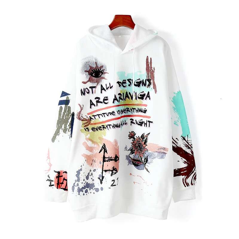 Cotton graffiti hooded sweatshirt women's black autumn and winter 2021 new loose large version plus veet warm hoodie jacket