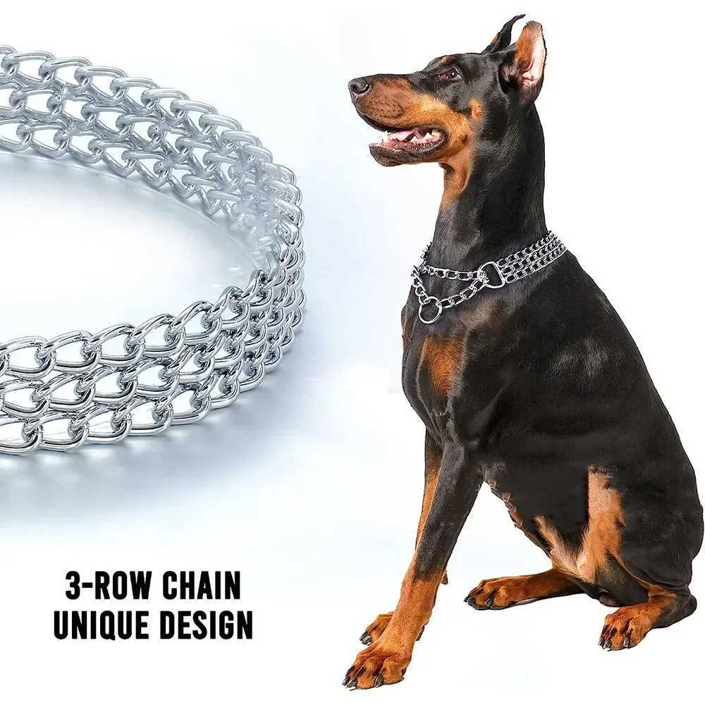 Strong Dog Chain Collar Chew Proof Triple Row Chain Adjustable Walking Collar Metal Cuban Link Dog Collar W250219