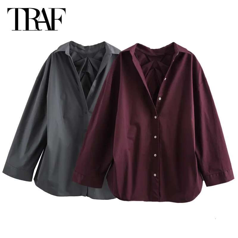 TRAF 2024 Woman Shirts & Blouses Women Bury Oversized Shirt Long Sleeve Frill Elegant Ruffle Loose Fit Blouse