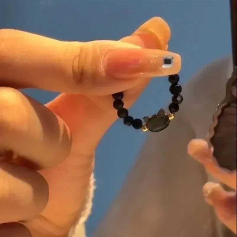 1pcs Natural Moonstone Obsidian Rings Beads Minimalist Fidget Ring Cute Black White Cat Ring Women Men Party Accessories JewelryXJ250219