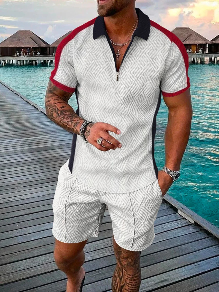 Vintage 3D Print Men Polo shirts Set Zipper Lapel Sets Collar Shorts 2pcs Hawaii Holiday style Man Sweatshirt 250219