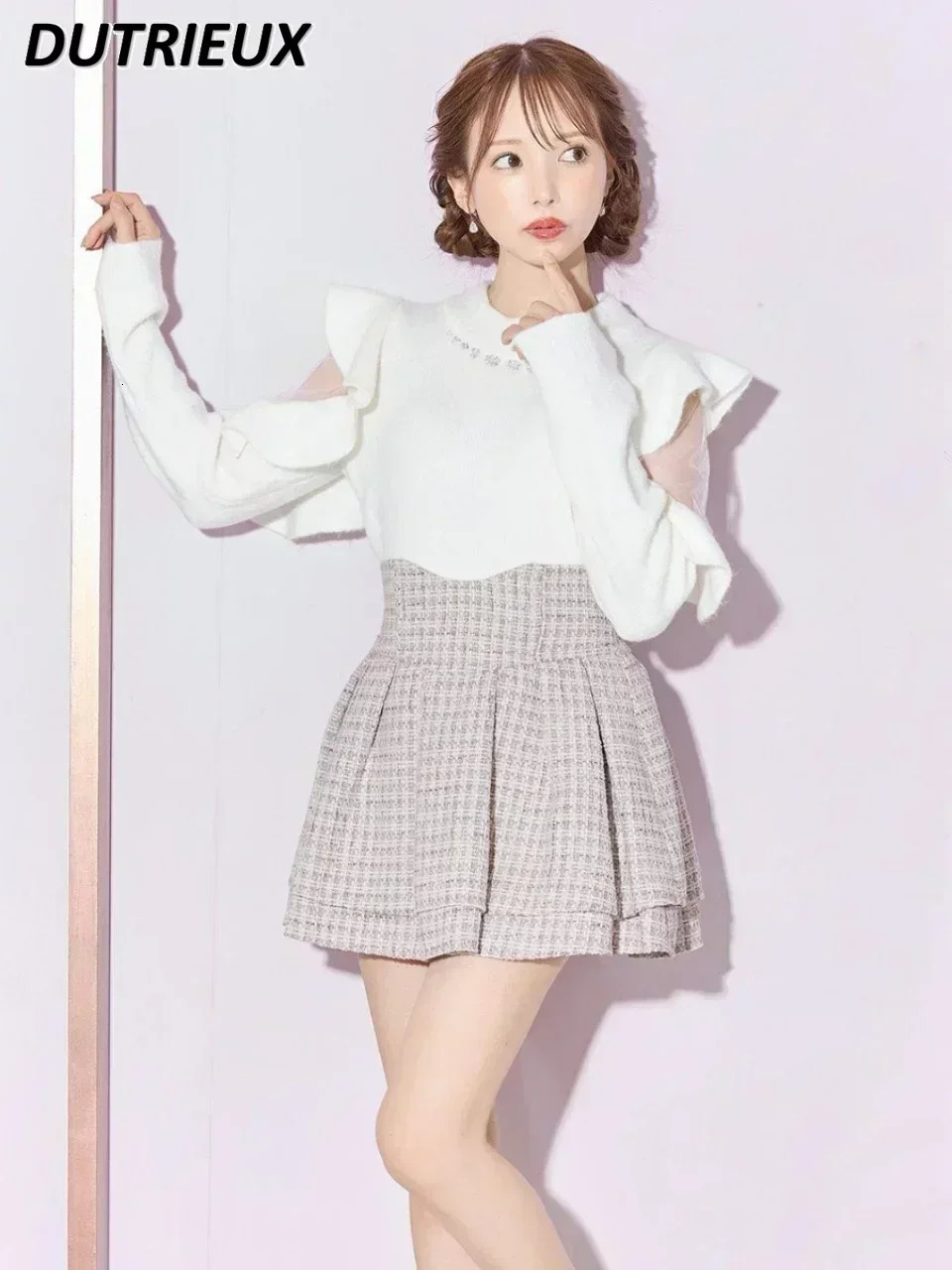 Japanese Lolita Skirts Ruffled Pleated Plaid Skirt Women Spring Elastic High Waist Slimming Gentle Mini Culottes 250213