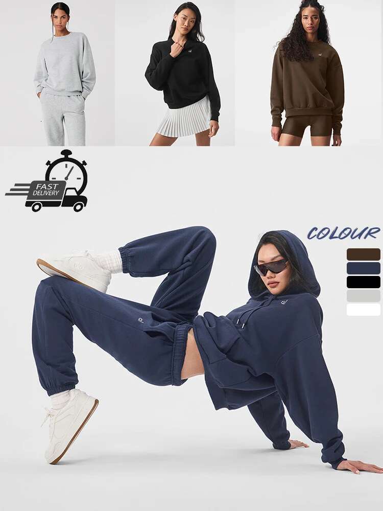 Yoga Women's Solid Color Ribbed Round Neck Hooded Sweatshirt Autumn And Winter Men's Loose High-Quality Top Casual Sports Pants
